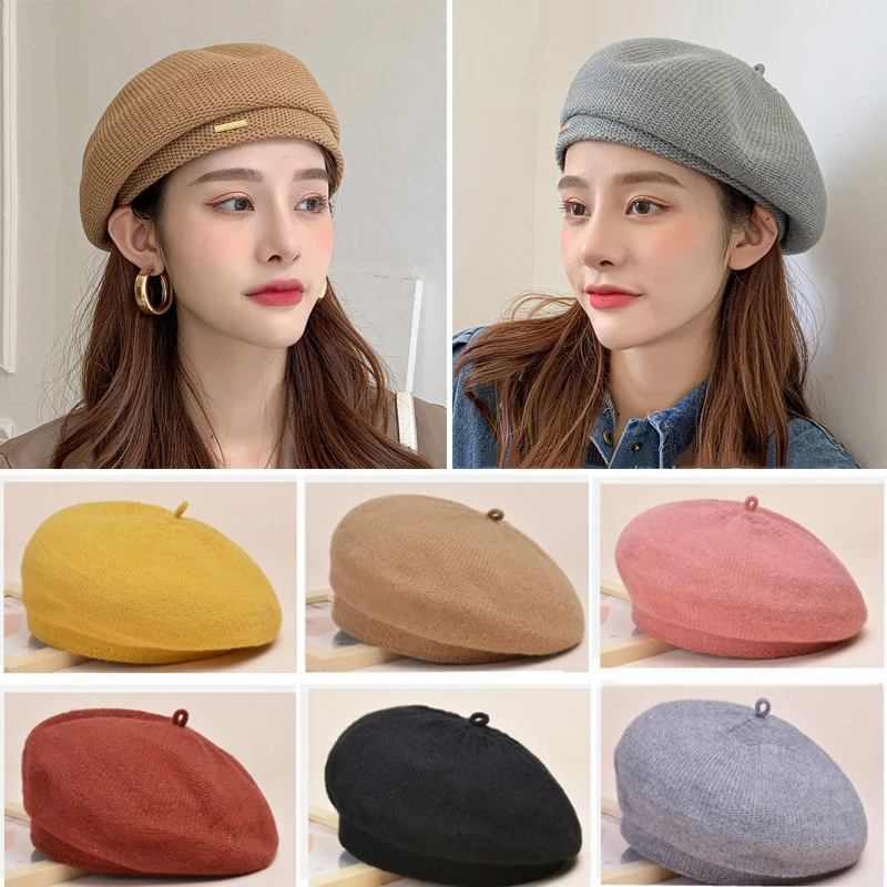 

Women Autumn Winter Berets Female Fashion Knitted Solid Color Warm Berets Knitted Cotton Hats Adjustable Tape Designed Berets