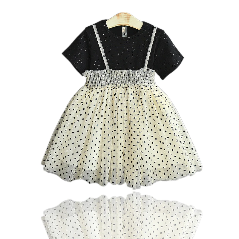 

Kids Dresses Girls 2021 Summer New Fake Two Starry Sky Dress Short-sleeve Mesh Dot Dress Baby Daily Wear Princess Casual Dress