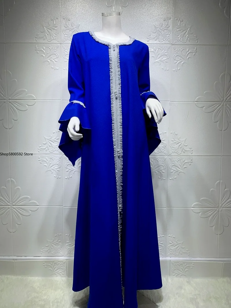 Muslim Fashion Ruffle Sleeve Jalabiya Eid 2021 Kaftan Dress Abayas For Women Dubai Moroccan Arabic Turkish Clothes Golden Lace