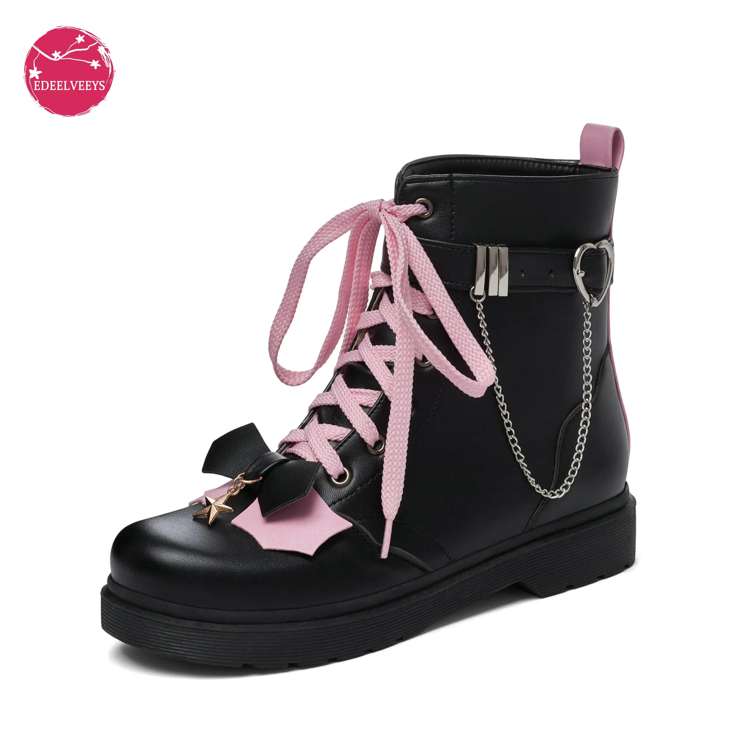 

Martin Boots Plus Size Women Lolita Thick-Soled Lace Up Shoes Gothic Bat Wings Darkness Black Motorcycle Booties Metal Chain