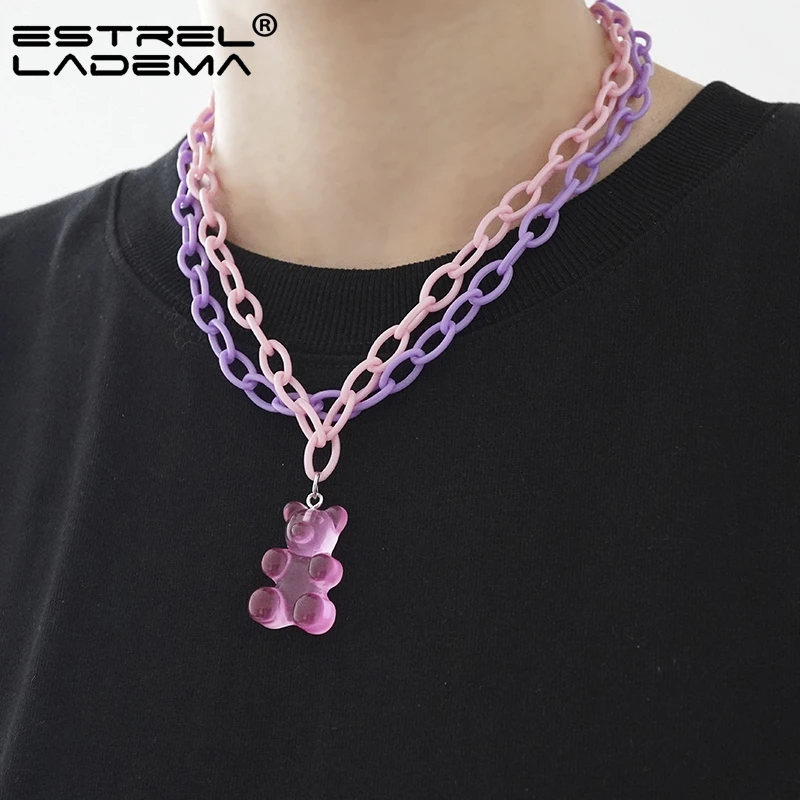 

Pink Transparent Gummy Bear Double Layer Link Chain Necklace For Women Girls Harajuku Acrylic Kpop Choker Necklaces Y2k Jewelry