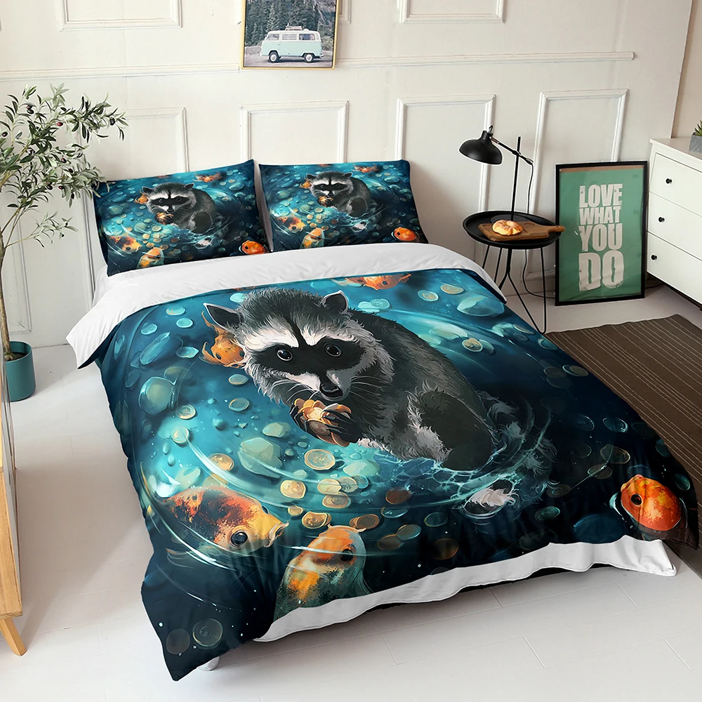 

Мультяшные комплекты постельного белья 3d постельное белье с рисунком енота пододеяльник с наволочками двуспальное одеяло
