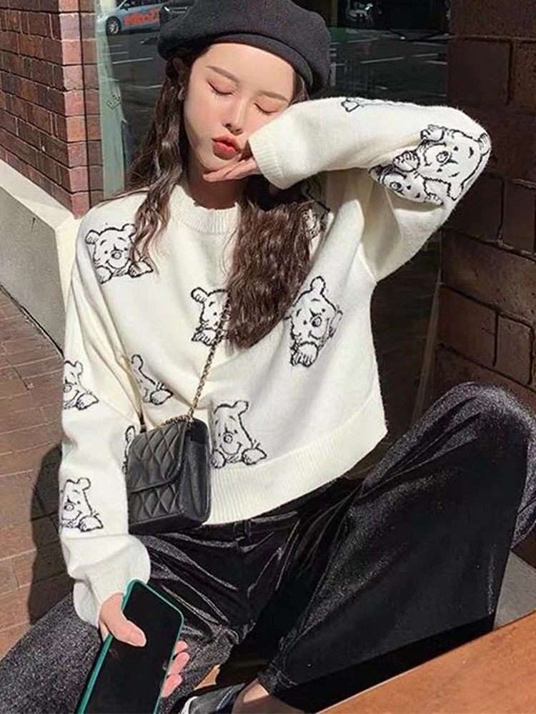 Women Cute Crop Sweater Top 2019 Autumn Crew Neck Long Sleeve Short Knit Pullovers Sweaters Bear Jacquard Loose Jumper | Женская одежда