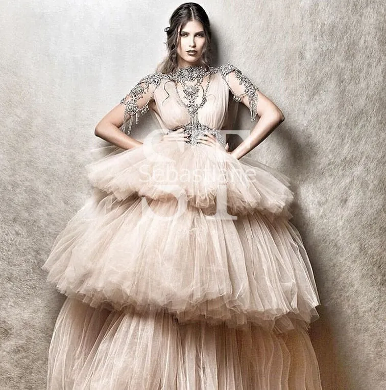 

Роскошные Бальное платье-пачка Выпускные платья Кристаллы Бисер Длинные Очень Пышное фатиновое вечернее платье размера плюс с высоким вор...