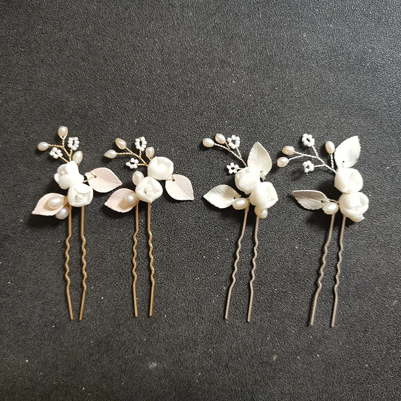 

SLBRIDAL Handmade Alloy Leaf Ceram Flower Freshwater Pearls Bridal Hair Pin Wedding Hair Sticker Women Jewelry Hair Accessories