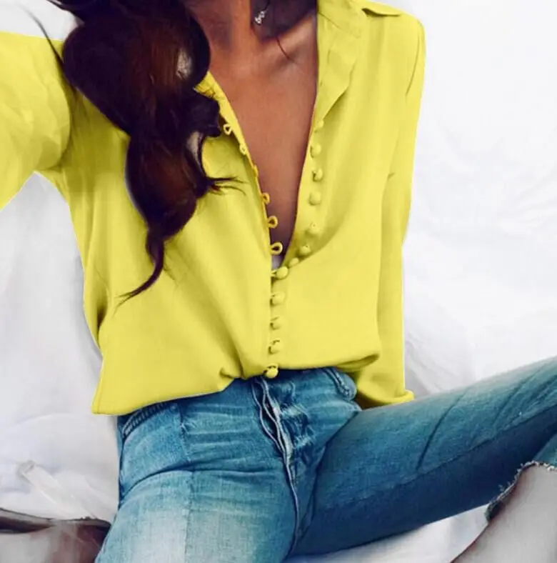 

Fashion Casual Solid Color ladies office Tops Sexy Buttons Long sleeve Blouse 2020 new Spring Women Chiffon white Shirt