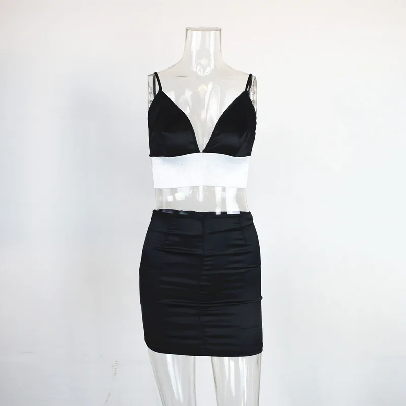 

2019 Sexy V Neck Bright Silk Crop Tops And Mini Pencil Skirt 2 Piece Set Women Party Nightclub Outfits Conjunto Feminino Rm*