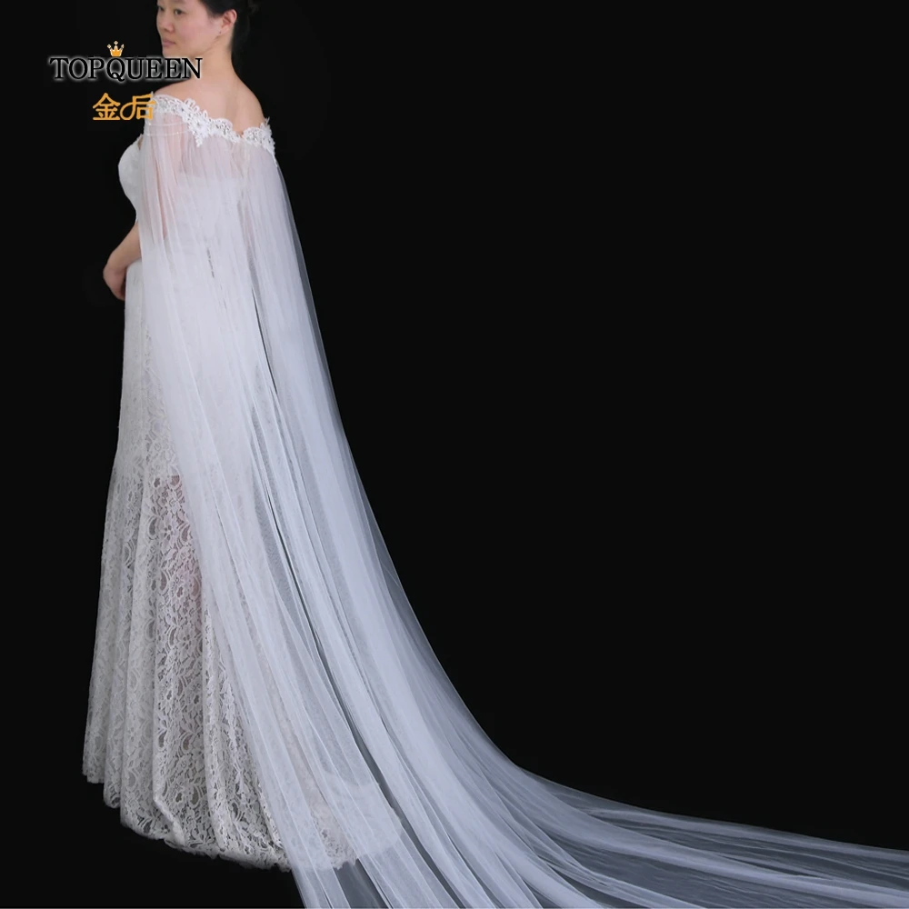 

TOPQUEEN G04T New Fashion Bridal Cape With Organza Flower Crystal Long Famale Jaket Beading Wedding Bolero Evening Accessories