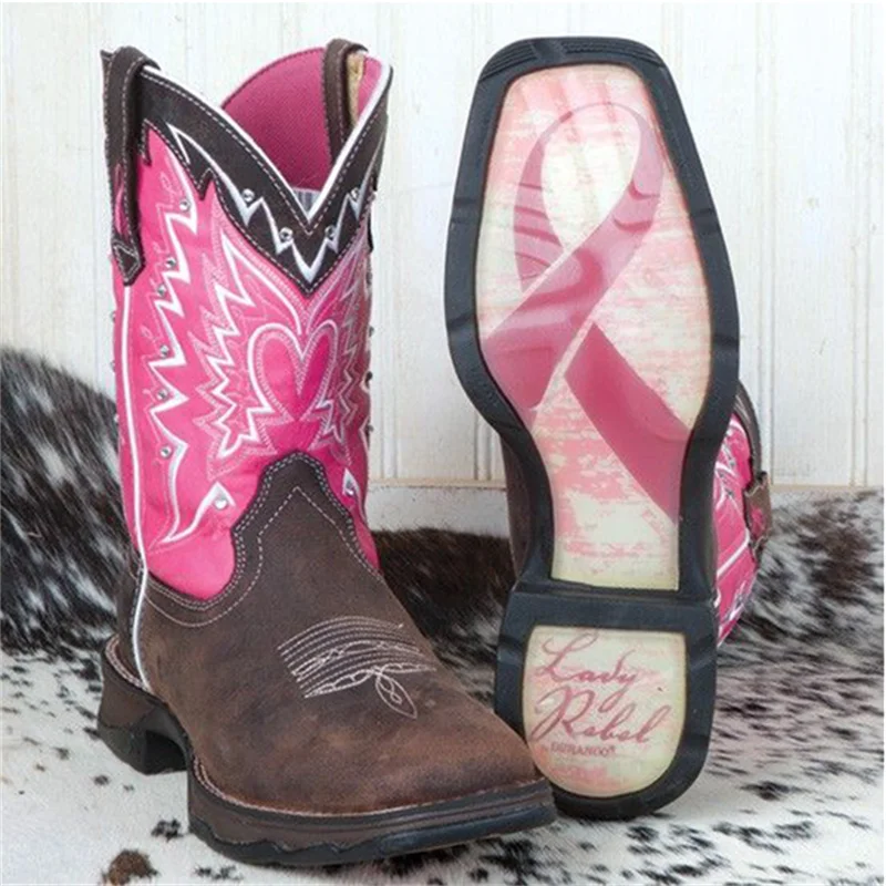 

New Women Shoes Fashion Trend Pink Brown Stitching PU Retro Square Head Embroidery Rivet Hole Thick Heel Martin Boots HL751