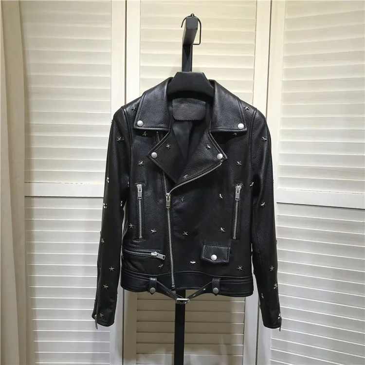 

2020 Autumn Women' High quality Real leather Rivet jackets Hot chic women sheepskin genuine leather biker jackets C254