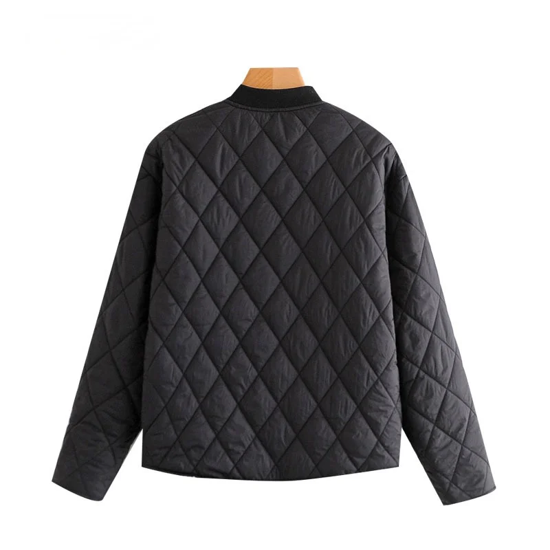 

Women 2021 Fashion Argyle Loose Padded Jacket Coat Vintage Long Sleeve Side Pockets Female Outerwear Chic Tops