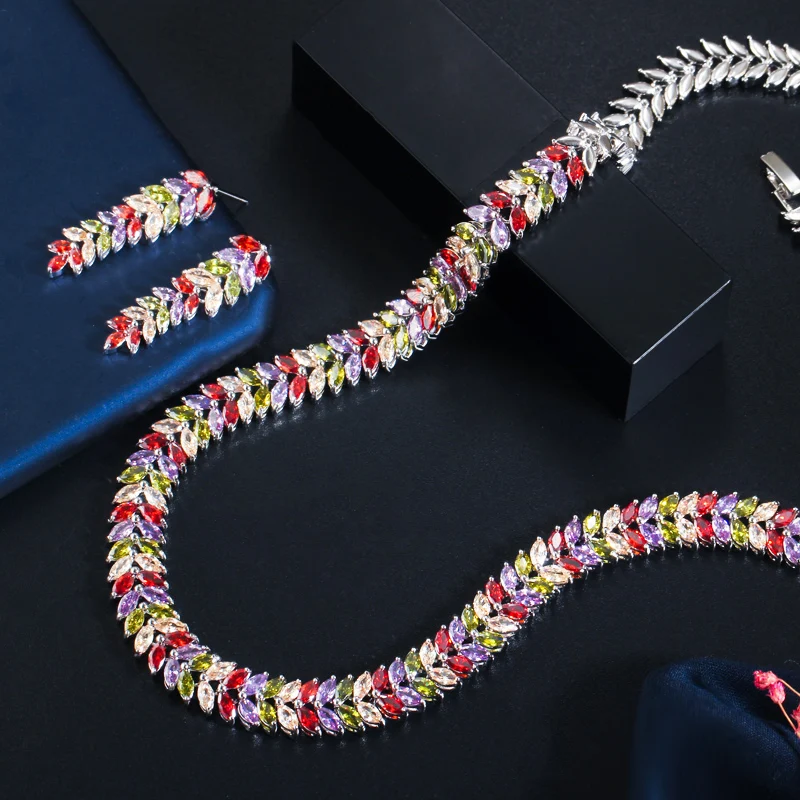 Комплект из колье и серёг с фианитом в форме листьев|necklace earring|bridal necklaceparty jewelry set |