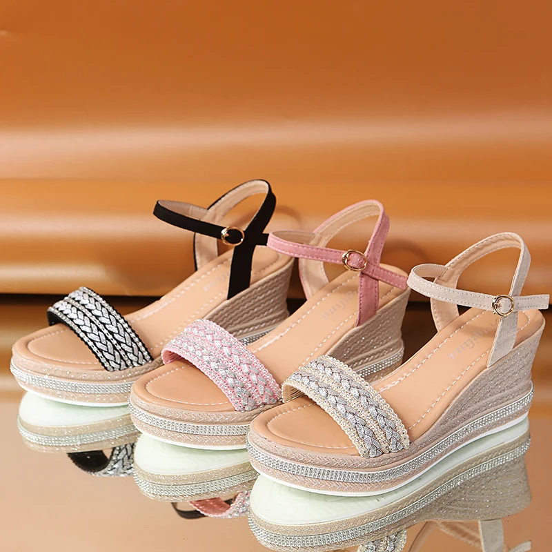 

Lucyever Bling Crystal Wedges Heels Sandals Women Summer Ankle Strap Platform Shoes Woman Casual Woven Beach Sandalias Mujer