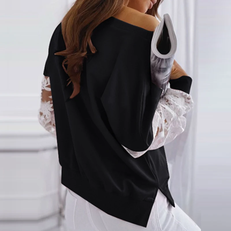 

Autumn Casual New Long Sleeve Loose Sweatshirt Elegant Spring O Neck Tops Pullover Women Patchwork Embroidery Lace Shirts Blouse