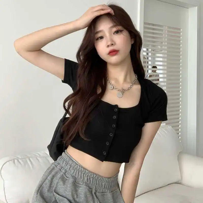 

Summer New Retro Square Collar Short Waist Slimming Knitted Top Women's Korean-Style All-Match Short Sleeve Solid Color T-shirt