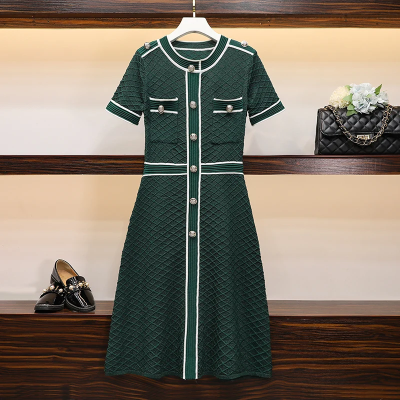 

JSXDHK S-4XL Women Single Breasted Sweater Dress Runway Designer Summer Green Plaid Knitted Bright Silk Elastic Dress Vestido
