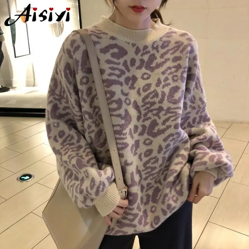 Knitwear Leopard Sweater Female Autumn Plus Size Batwing Sleeve Oversize Loose Thick Warm Women Winter Knitting Pullover | Женская