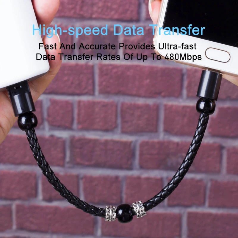Mini Micro USB Type C Cable Portable Leather Bracelet Beads Charger Cable For iPhone XR Samsung S20 Android Phone Charging Wire