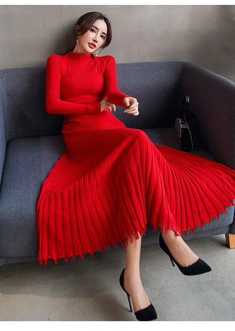 Women Slim Long Maxi Knitting Sweater Dress Autumn Winter Full Sleeve Pleated A-line Dress Big Swing Ladies Pullover Dresses