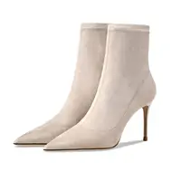 Женские высокие сапоги 2025 Новые осенние теплые эластичные ботинки-носки с острым носком на каблуке Черные замшевые зимние ботильоны на шпильке Сексуальные ботинки