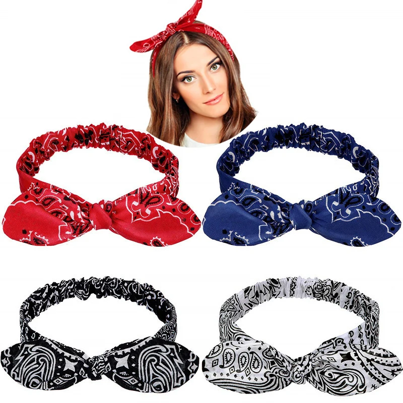 Женская повязка на волосы с кроличьими ушками завязанная ретро принтом