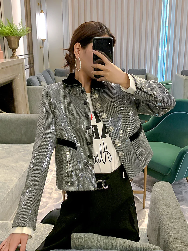 

Big brand, heavy craftsmanship, appliqués, diamond buttons, ladies sequined coat jacket, 2020Nwe women's winter loose suit jacke