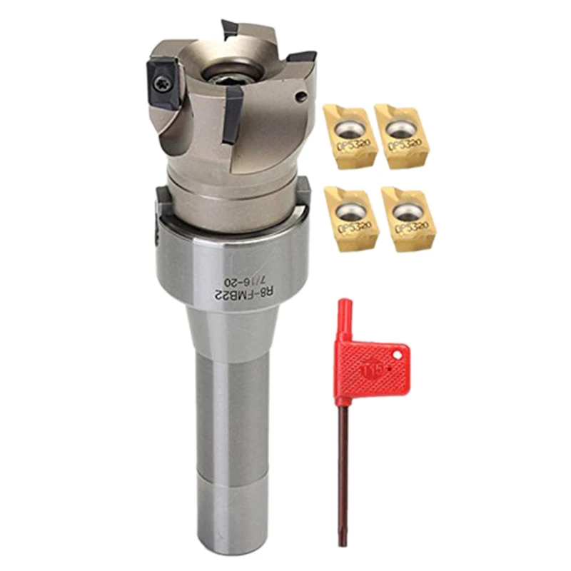 

90 Degree R8 FMB22 Straight Shank Arbor+Face End Mill Cutter+4pcs APMT1604 Carbide Inserts Turning Tool 1pcs T spanner Wrench