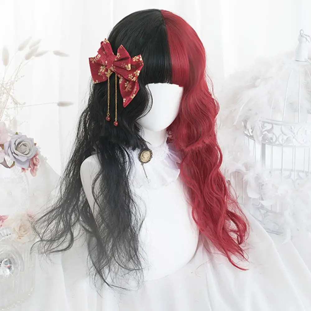 65CM Curly Косплей микс Харадзюку 30 см/65 см Лолита Омбре черный смешанный красный термостойкие челки косплей синтетический парик+ шапка - Цвет: 65CM Curly