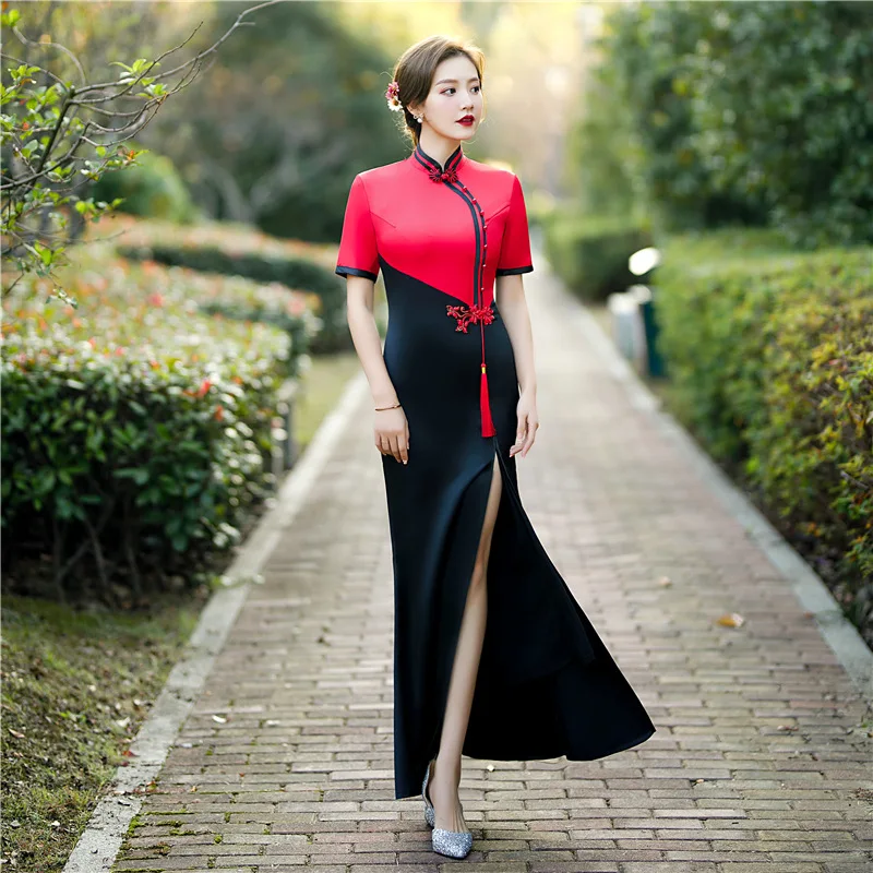 

Black Fashion Cheongsam Women Middle Sleeve Mother Vintage Evening Party Vestido Long Robe Cheongsam Traditional For Women Qipao