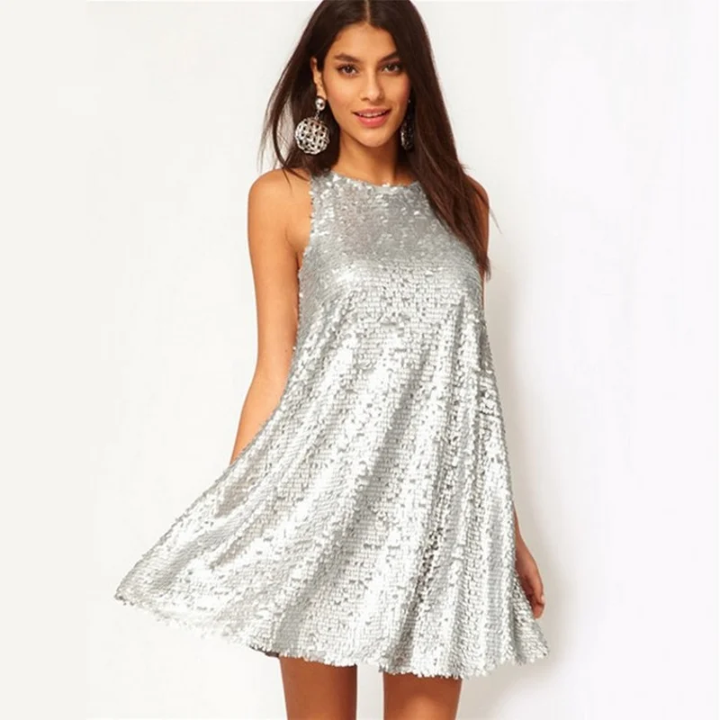 

Silver Bling Sequin Dress Sleeveless Party Night Club Shiny Summer Women Clothing Vestidos Casual Femininos