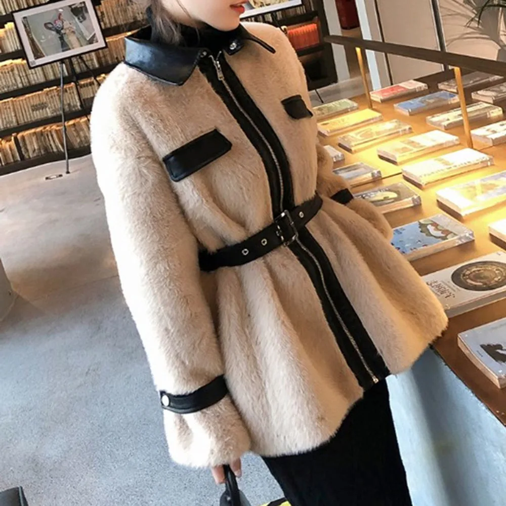 Lamb Fur Coat Teddy Cozy Warmness Thick PU Leather Mink Cashmere Jacket Autumn Winter Fashion Office Ladies Outerwear |