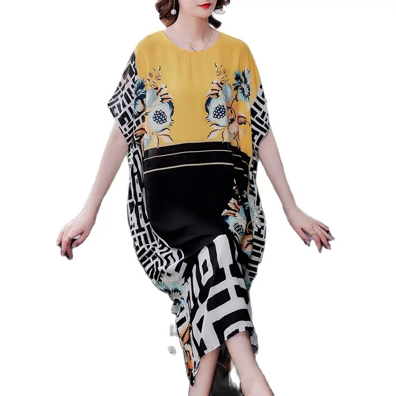 

2021 Loose M-3XL Plus Size Print Chiffon Beach Dress Summer Mulberry Silk Vintage Midi Dress Women Elegant Party Vestidos