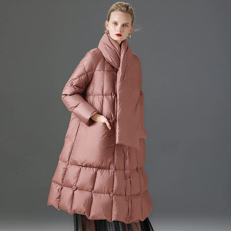 Women Waterproof Down Coats Dusty Rose Argyle Pockets Large Outwear Long Oversized Scarf Stand Collar White Duck Down Clothes