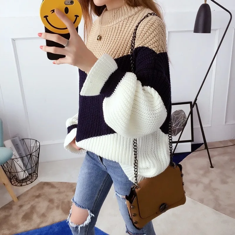 

Женский пуловер, Осенний плотный свитер, Женский пуловер, осенне-зимняя свободная вязаная куртка в полоску в Корейском стиле