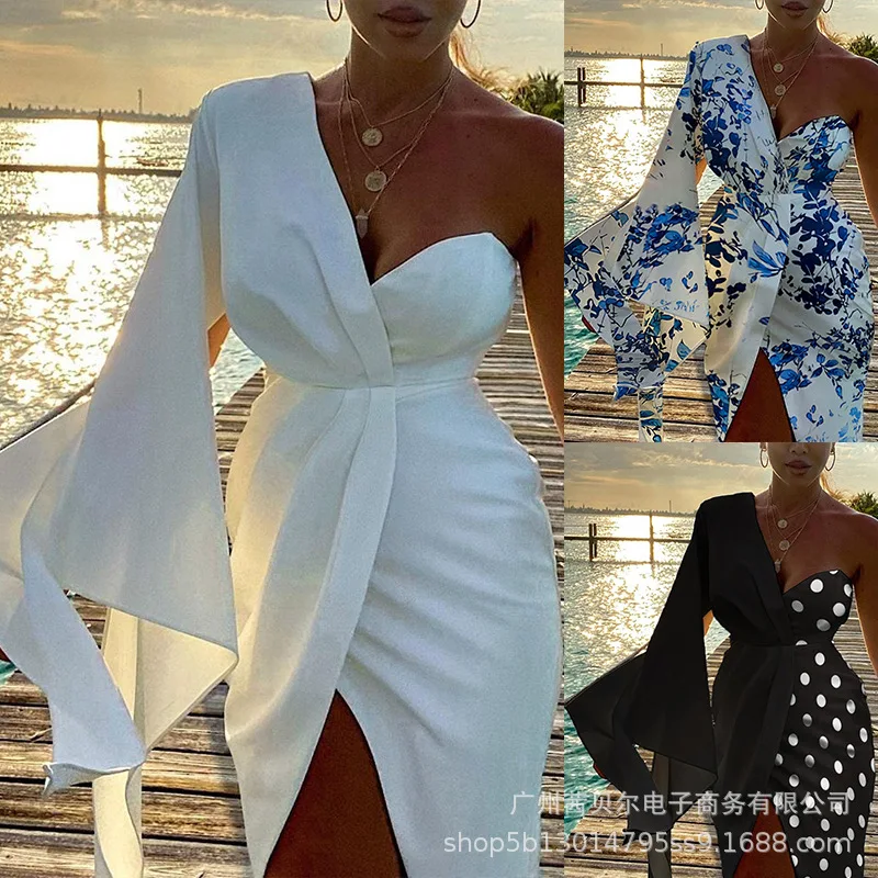 

Donsignet 2021 Womens Clothing New Print One Shoulder Irregular Flared Sleeves Sexy Split Dresses for Women