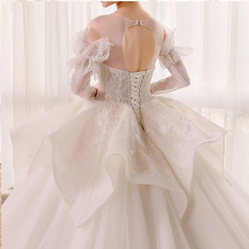 

SL8177 elegant wedding ball gowns with long sleeves lace tiered skirts long dress for bride tulle cheap wedding dresses robe