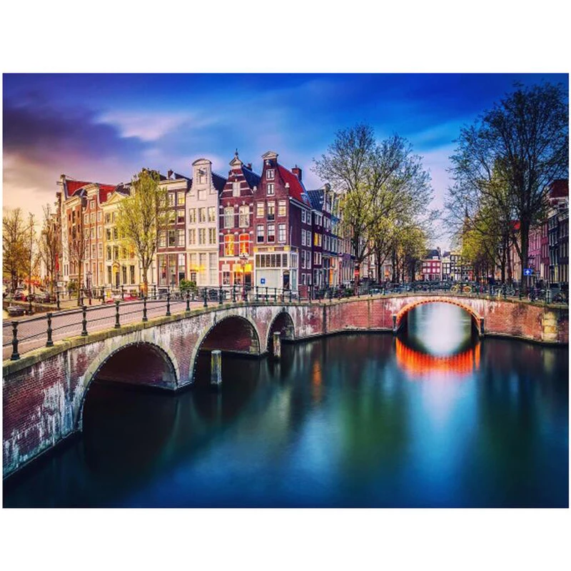 5D DIY Алмазная вышивка крестиком на рисунке Амстердам Нидерланды Ландшафтный мост