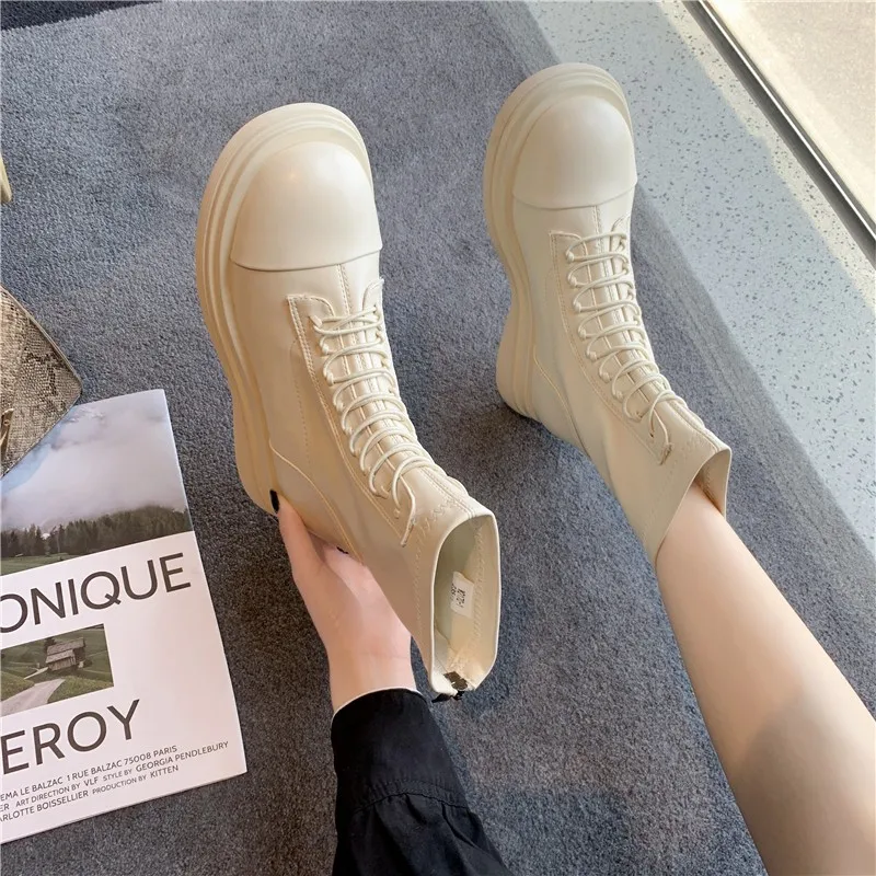 Women's mid-tube boots Women's autumn and winter fashion lace-up Botas Mujer boots sports platform high-heeled women's shoes