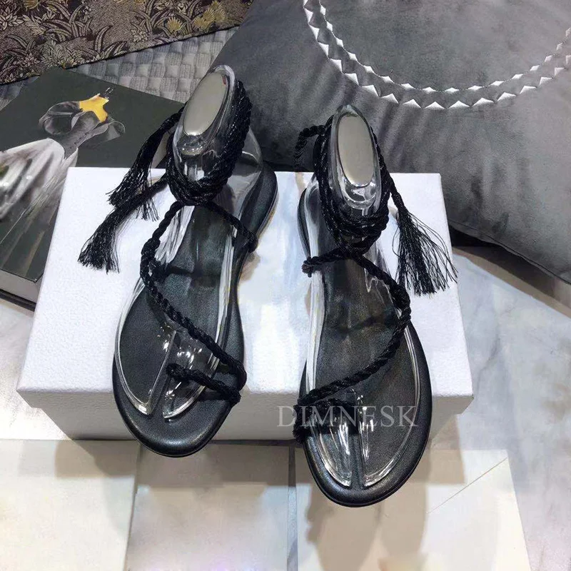 Harga Sandal Bertali Pergelangan Kaki Datar Musim Panas 2021 Wanita Tali Nilon Gelang Sempit Jari Terbuka Mode Sandalias Sepatu Liburan Pantai Perempuan