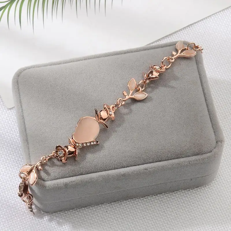 

Simple Women Flash Diamond Opal Leaves Rose Gold Bracelet Trendy Jewelry Valentine's Day Birthday Gift For Girlfriend Dropship