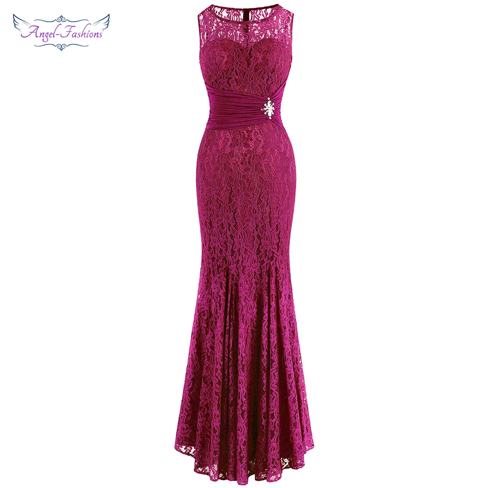 

Angel-fashions Women's Evening Dress Pleated Beading Crystal Illusion Lace Round Neck Sleeveless Maxi Formal Party Magenta 418