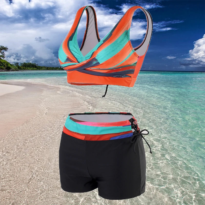

Summer Open Back Quick-drying Beachwear 2-piece Swimsuit bathing Suit 2021 Ladies Sexy Swimsuit Gathered Bandage Boxer Swimsuit