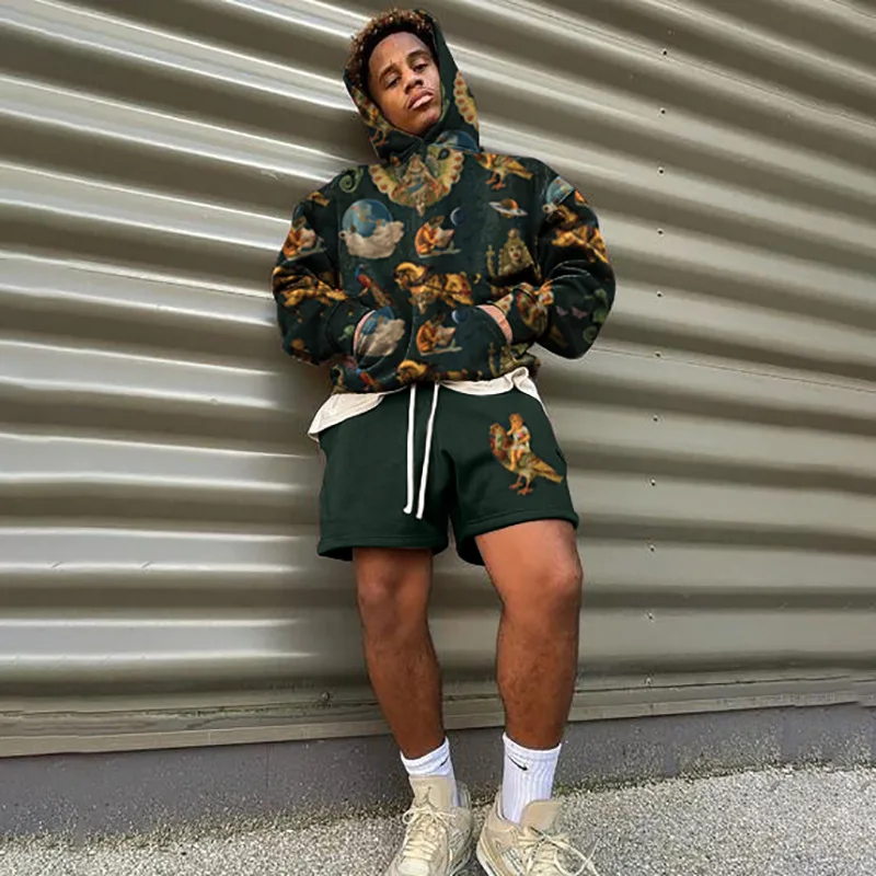 

Vintage Pattern Printed Men 2pc Set 2021 Autumn New Fashion Outfits For Mens Spring Long Sleeve Hoodies And Shorts Suits Hipster