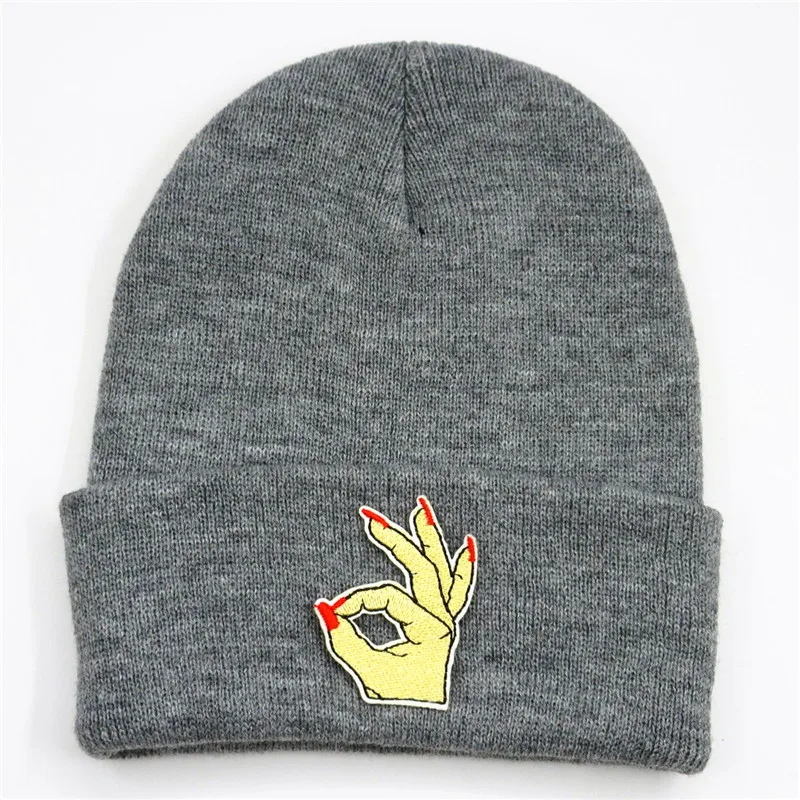 

2020 Ok Gesture Embroidery Cotton Thicken Knitted Hat Winter Warm Hat Skullies Cap Beanie Hat for Men and Women 296