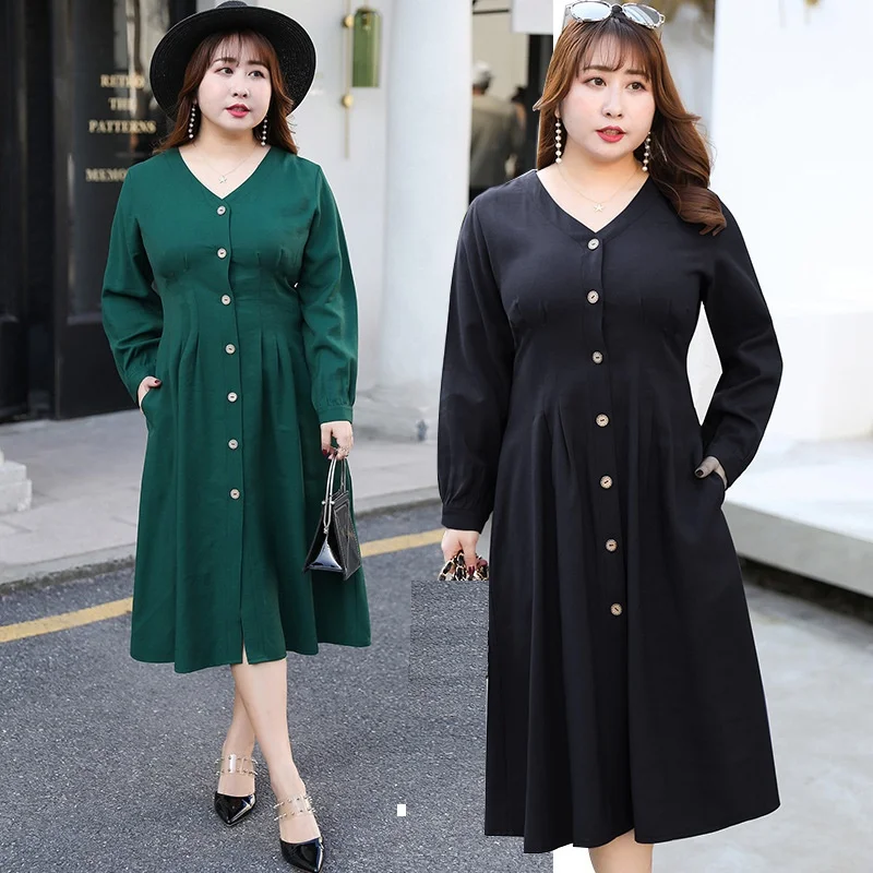 

Women Casual Dress Cotton Spring Plus Size New Button Lady Black Oversized Summer Full Sleeve Dresses 4XL Female Dress