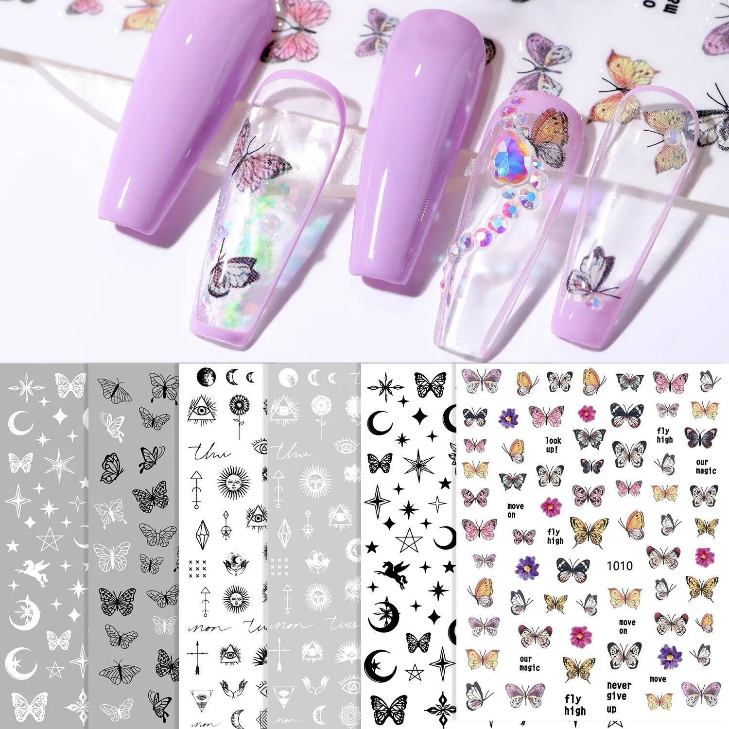 

2021 new 3PC/set nail art ins style black and white star butterfly 3d sticker adhesive nail applique decoration wholesale