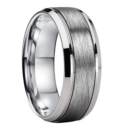 Classic 8mm Black Silver Frosted Double Groove Stainless Steel Ring Jewelry for Women