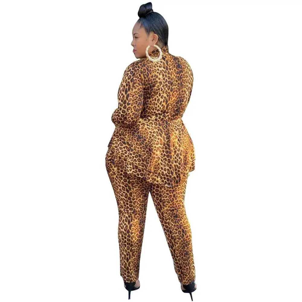 

Fashion Oversize Women Sets Sexy Leopard Printing Deep V-Neck Pleated Ruffles Lady Long Sleeve Tops Pencil Pants Outfits Party