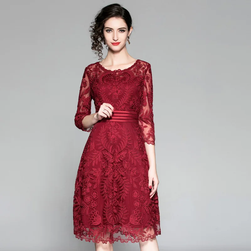 

AISTELIK2020 autumn new fashion lace European and American ladies mesh embroidery seven-point sleeve women's high-end dress