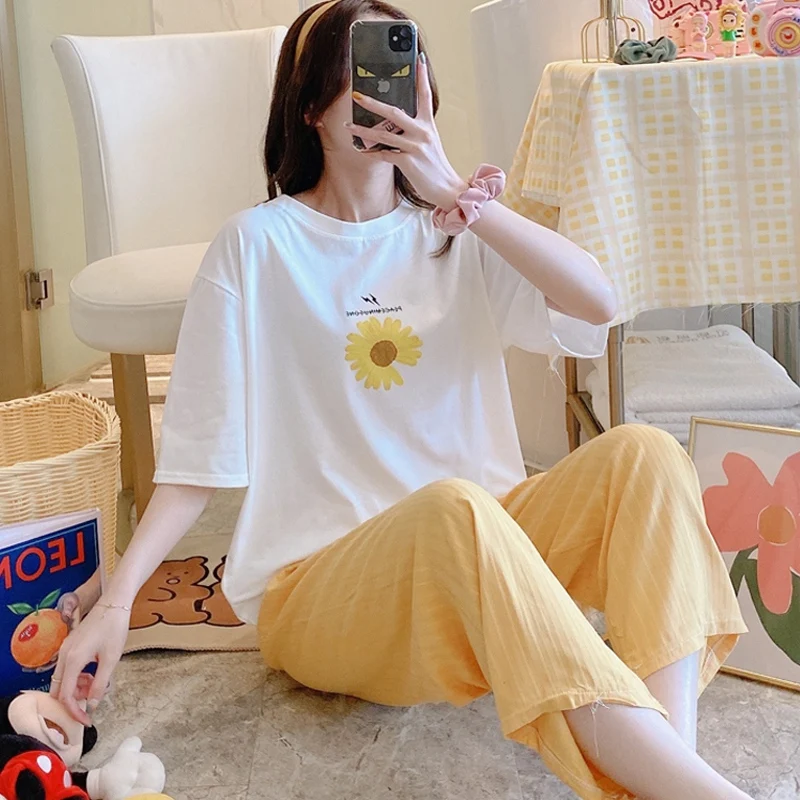 

2021 Summer Korean Loose Pajama Sets for Women Short Sleeve Long Pants Sleepwear Suit Pyjamas Homewear Pijama Mujer Home Clothes